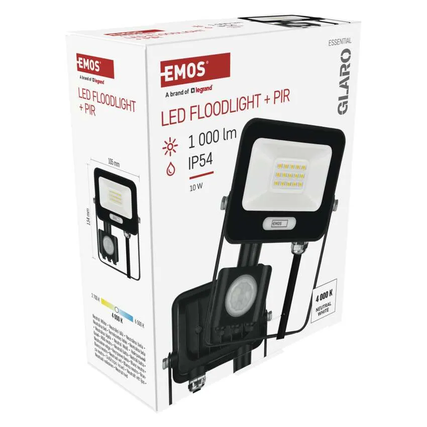 Fekete LED-es reflektor csomagolása PIR-érzékelővel, 1000 lm, 10 W.