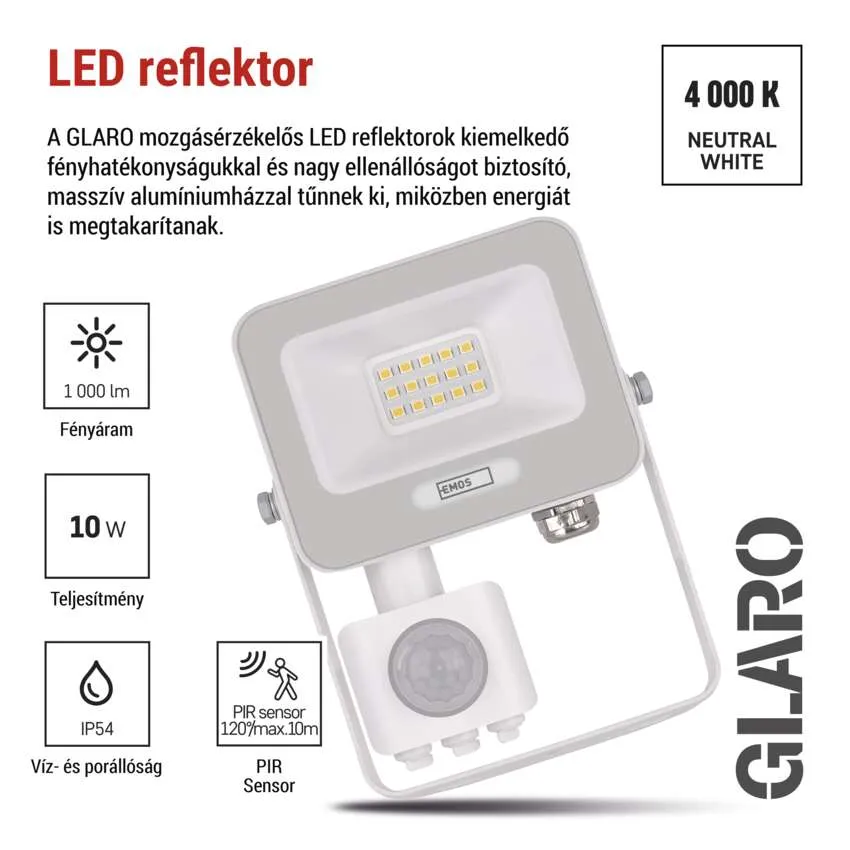 Fehér LED reflektor mozgásérzékelővel, 1000 lm, 10 W, IP54, 4000 K.