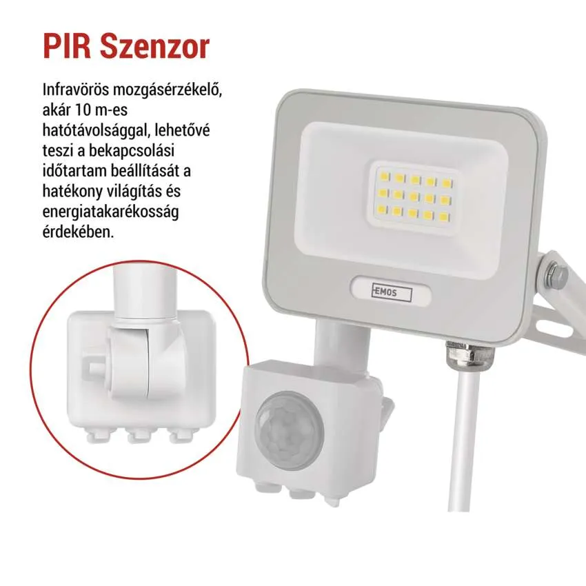 Fehér LED-es reflektor PIR mozgásérzékelővel és állítási lehetőségekkel.