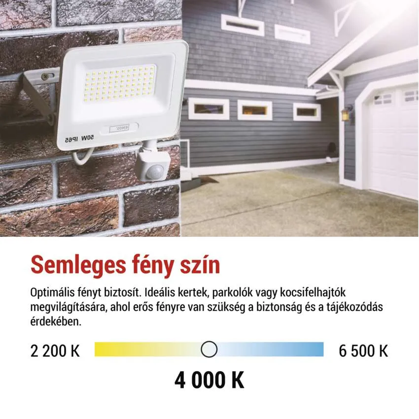 Kültéri lámpa téglafalon garázs mellett. Színhőmérséklet skála.