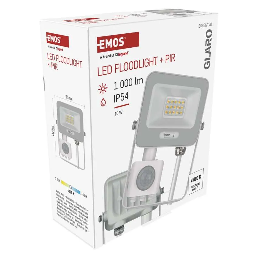 LED-es reflektor PIR-érzékelővel, 1000 lm, IP54, 10 W, 4000 K.