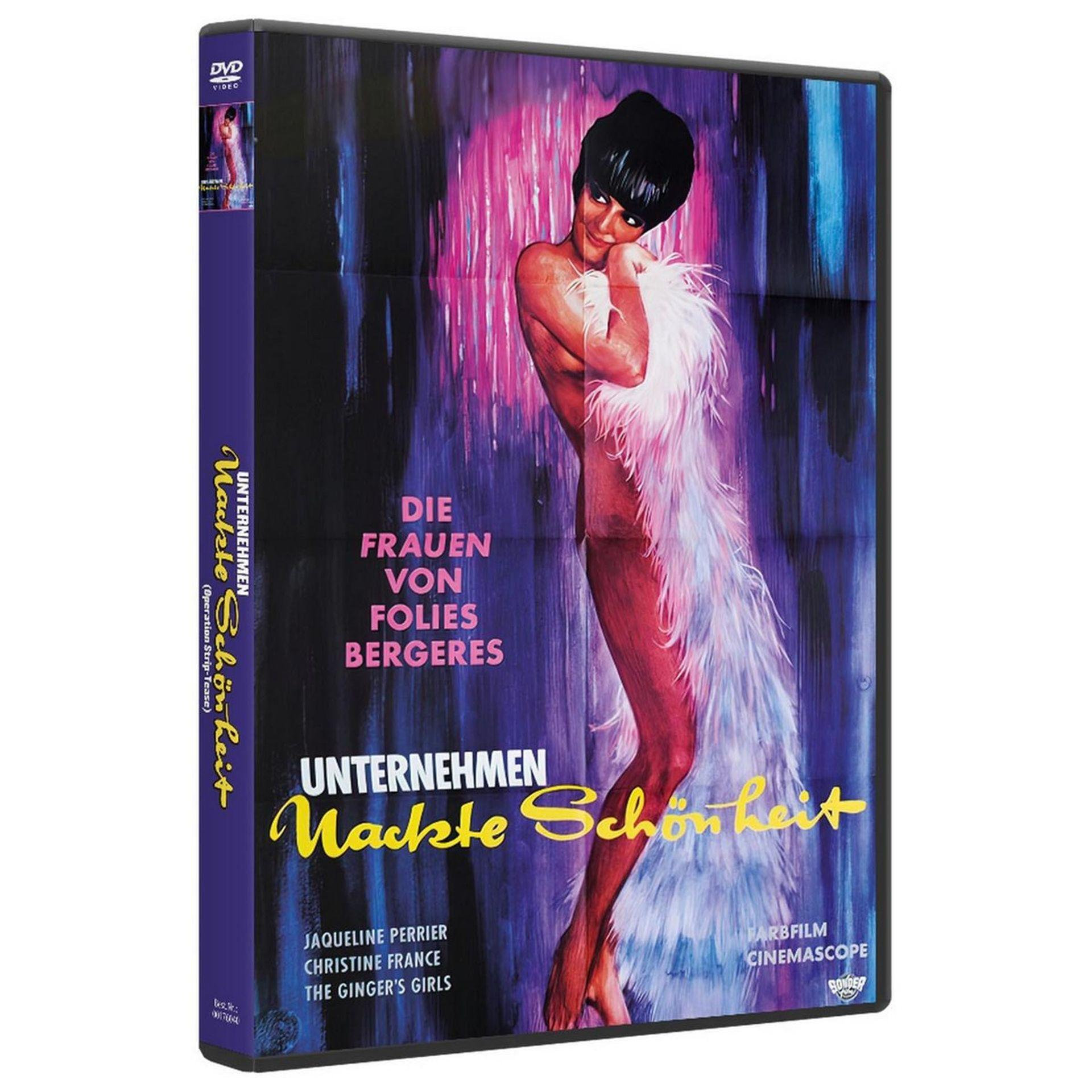 DVD-Hülle mit Filmplakat: Frau in Federboa vor Farbstreifen. Titel: Unternehmen Nackte Schönheit.