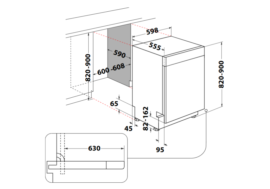 A diagram a mosogatógép méreteit mutatja. A számok magasságot, szélességet és mélységet jelölnek.