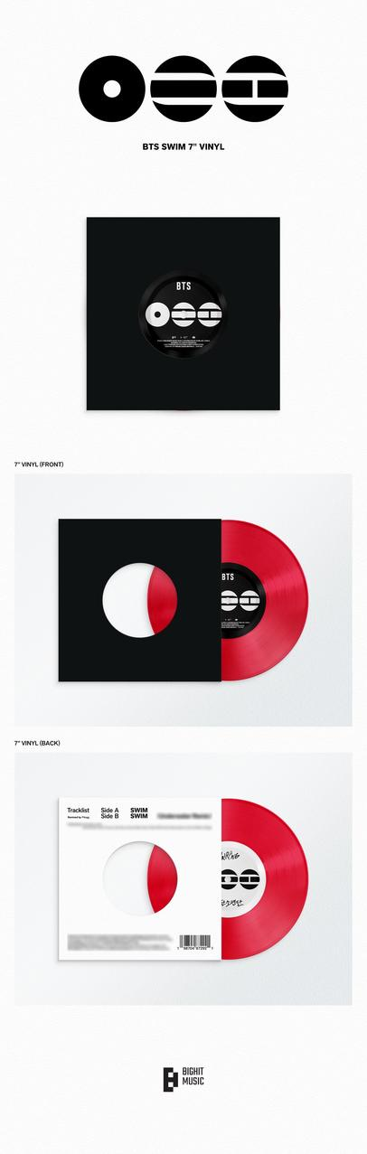 BTS SWIM 7" Vinyl: Vorderseite, Rückseite und Verpackung. Rotes Vinyl.