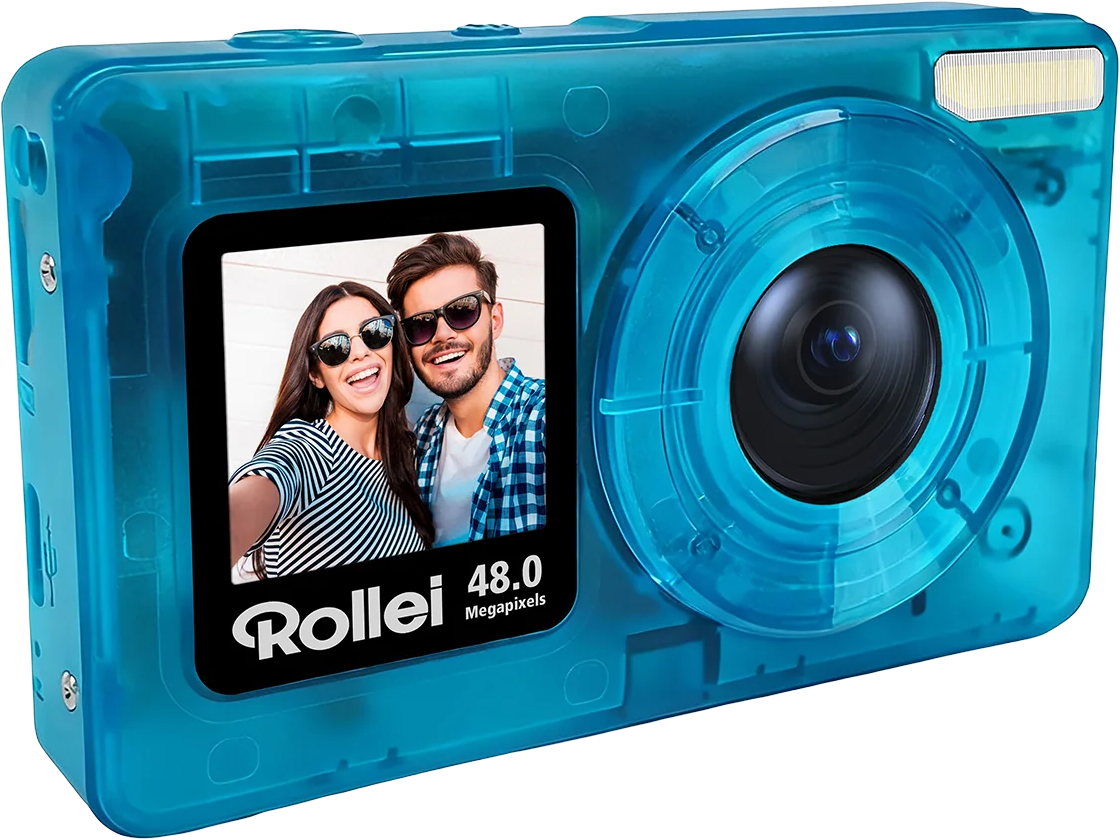 Una fotocamera blu trasparente mostra un selfie di una coppia sorridente.