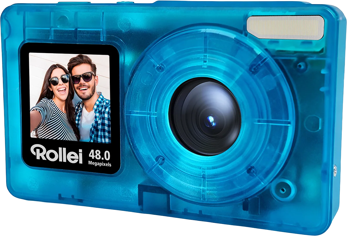 Fotocamera digitale blu trasparente con obiettivo e schermo LCD che mostra una coppia.