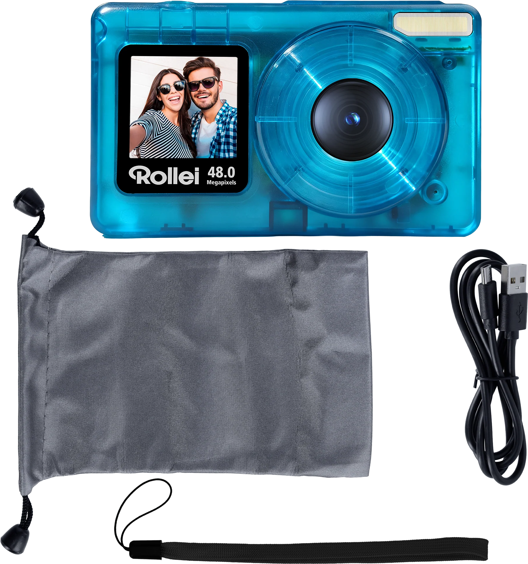 Fotocamera blu trasparente con selfie, sacchetto di stoffa e cavo USB.
