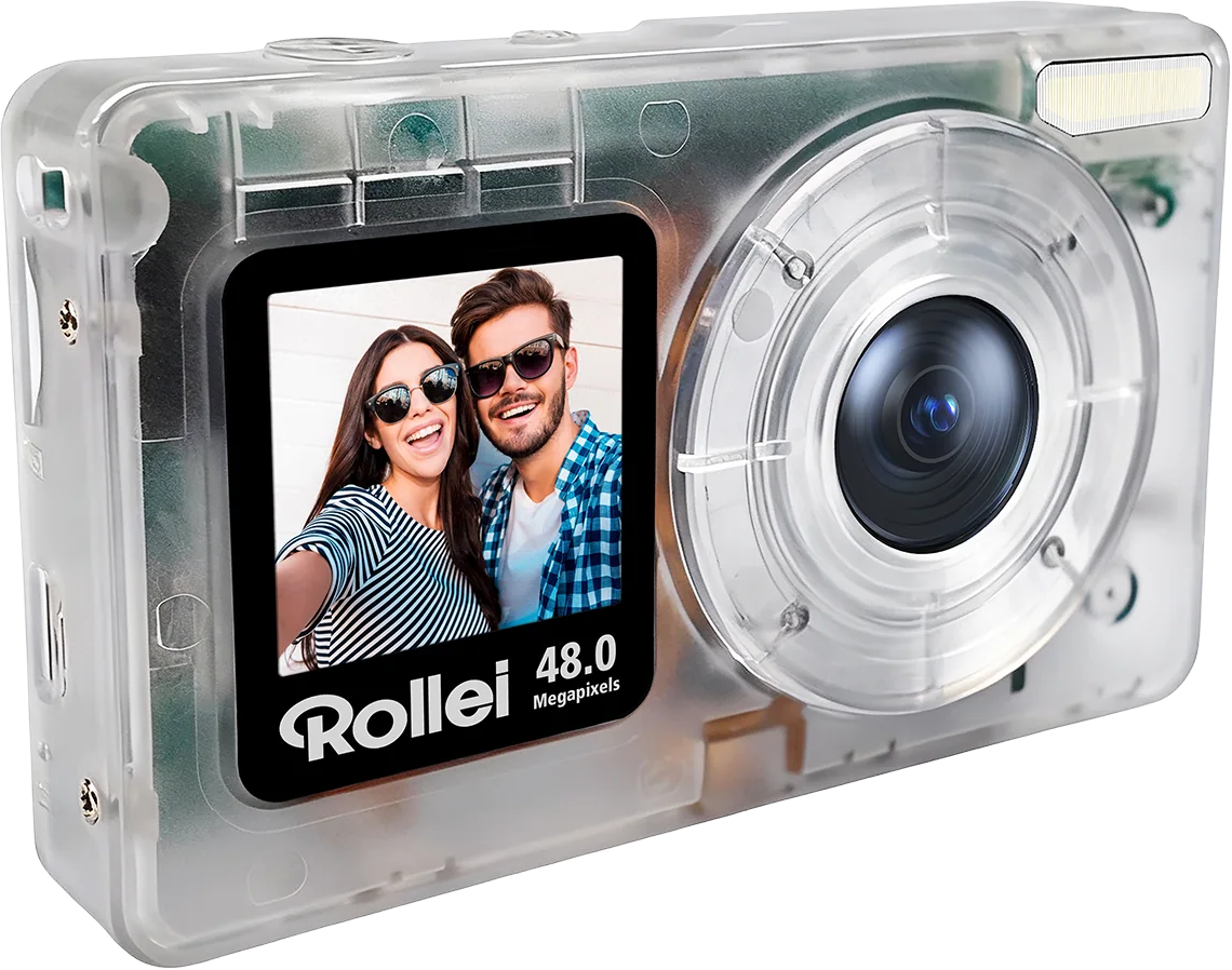 Fotocamera digitale trasparente che mostra un selfie di una coppia felice e il logo 'Rollei 48.0 Megapixels'.