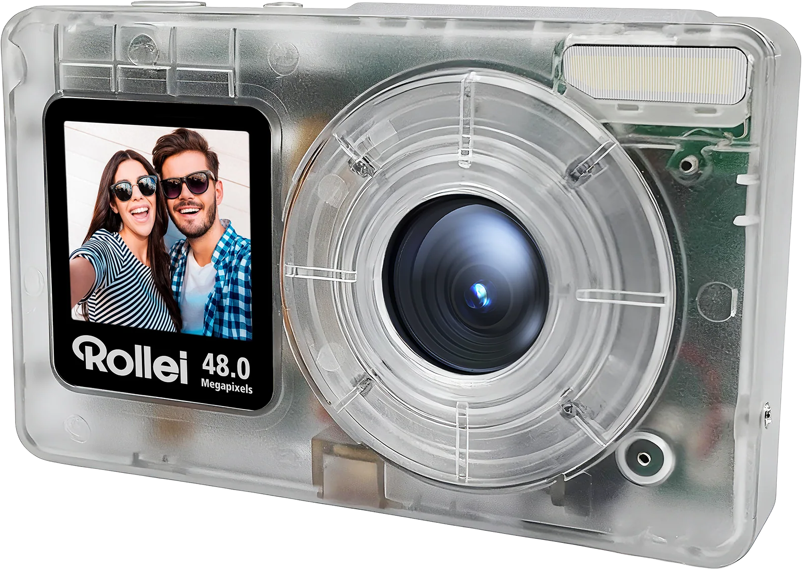 Fotocamera trasparente con selfie di coppia sullo schermo, 48MP.
