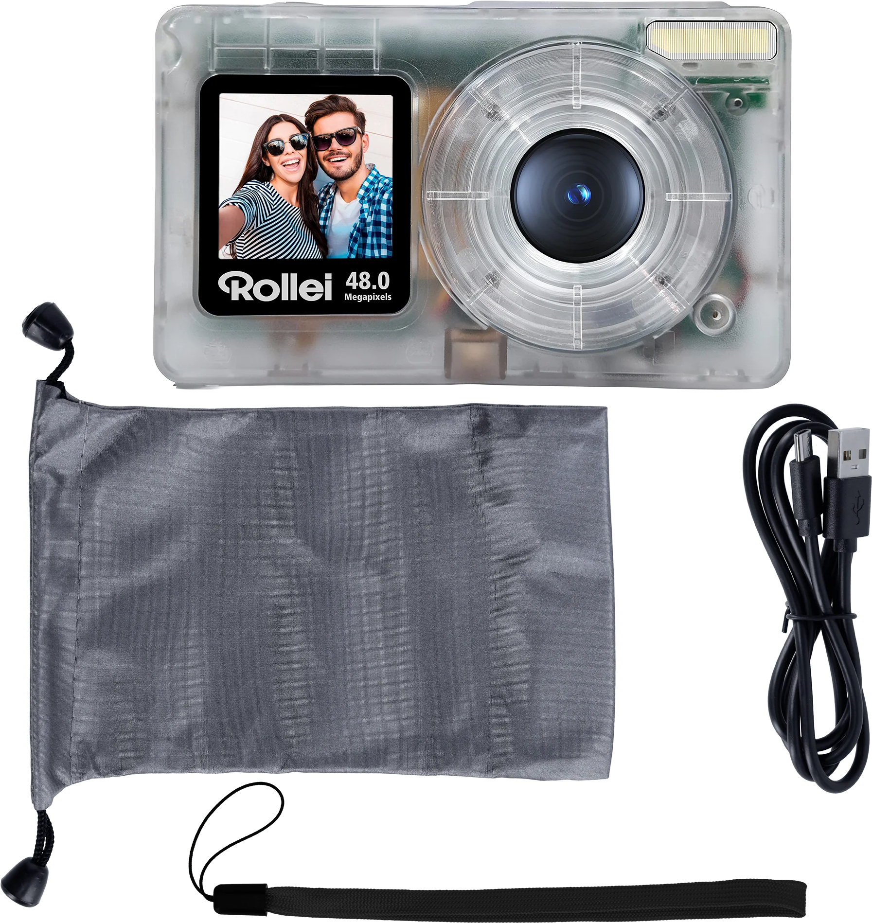Fotocamera trasparente che mostra selfie, custodia in tessuto e cavo USB su sfondo nero.