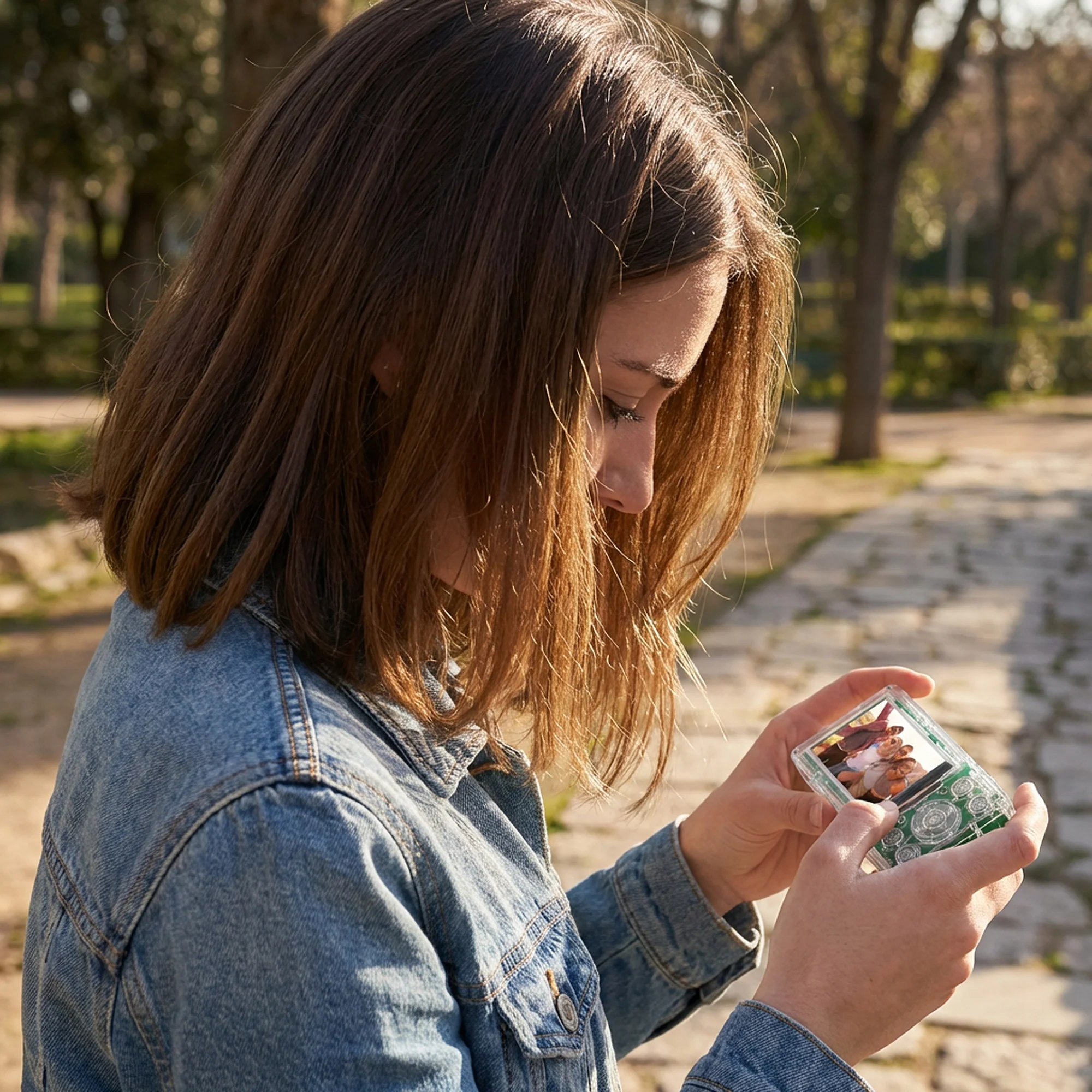 Una donna in giacca di jeans guarda un telefono trasparente con una foto.