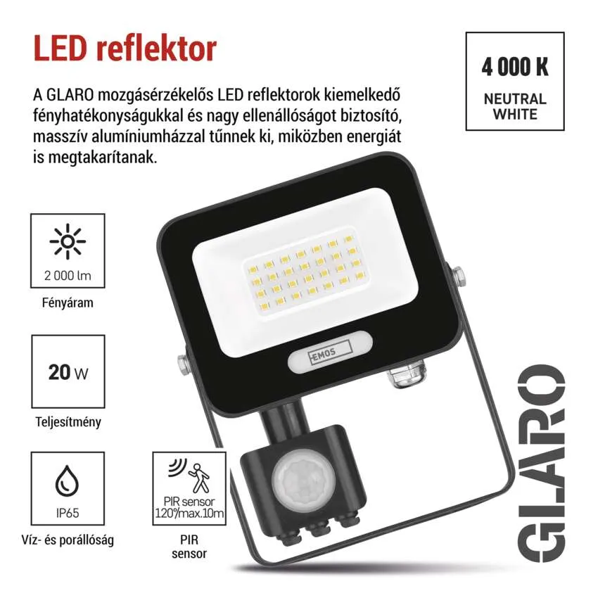 Fekete LED reflektor PIR-érzékelővel, 2000 lm, 20 W, IP65, 4000 K.