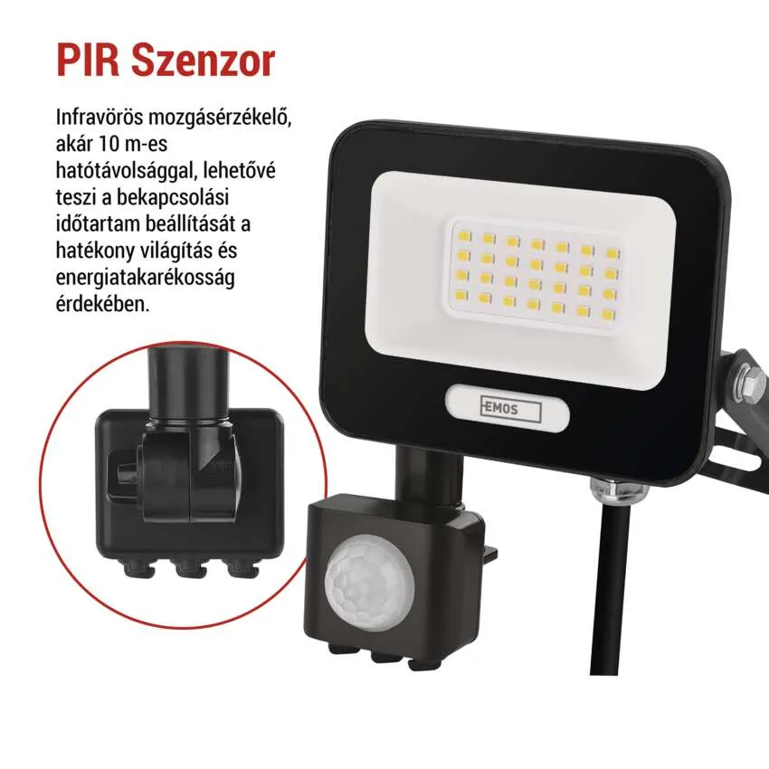 Fekete LED-es reflektor mozgásérzékelővel és magyar szöveggel.