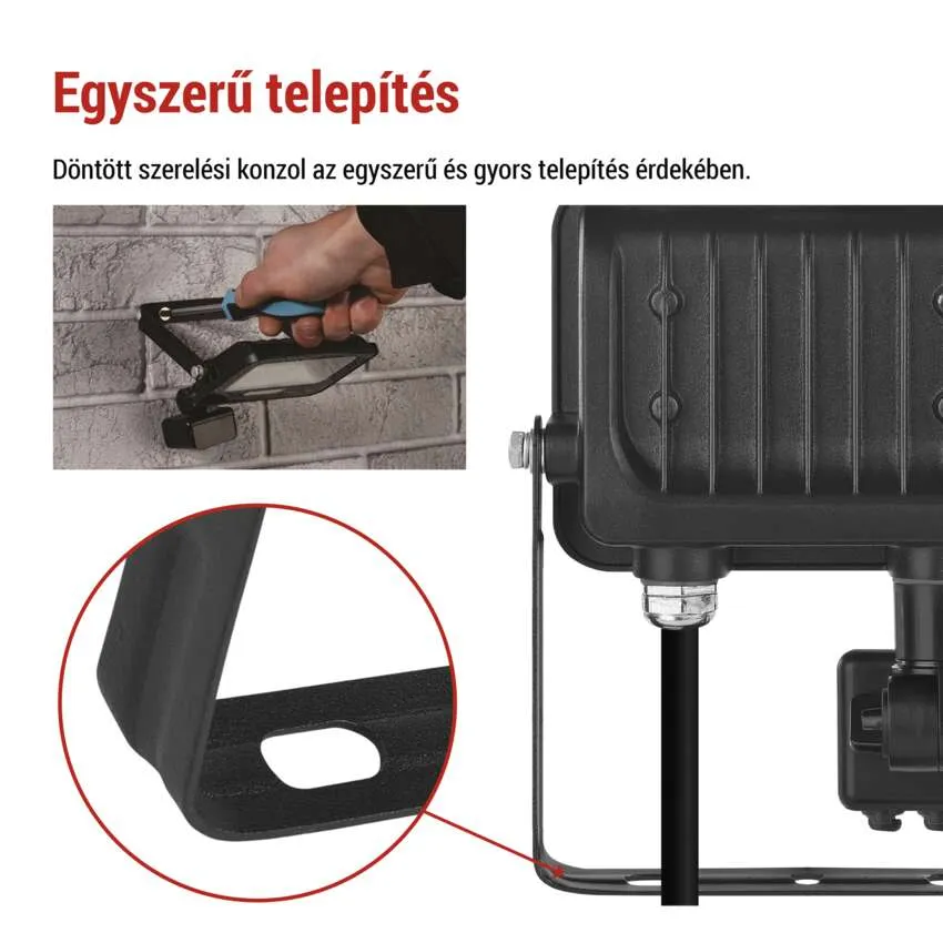 Fekete LED lámpa részletes közeli képe, téglafalra szerelve.