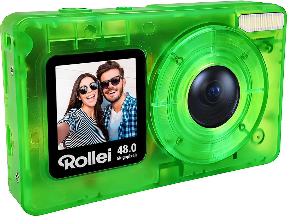 Transparente grüne Kamera mit Selfie-Vorschau und großem Objektiv.