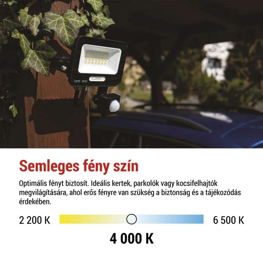 Fekete, mozgásérzékelős kültéri lámpa faoszlopon, autó mellett.