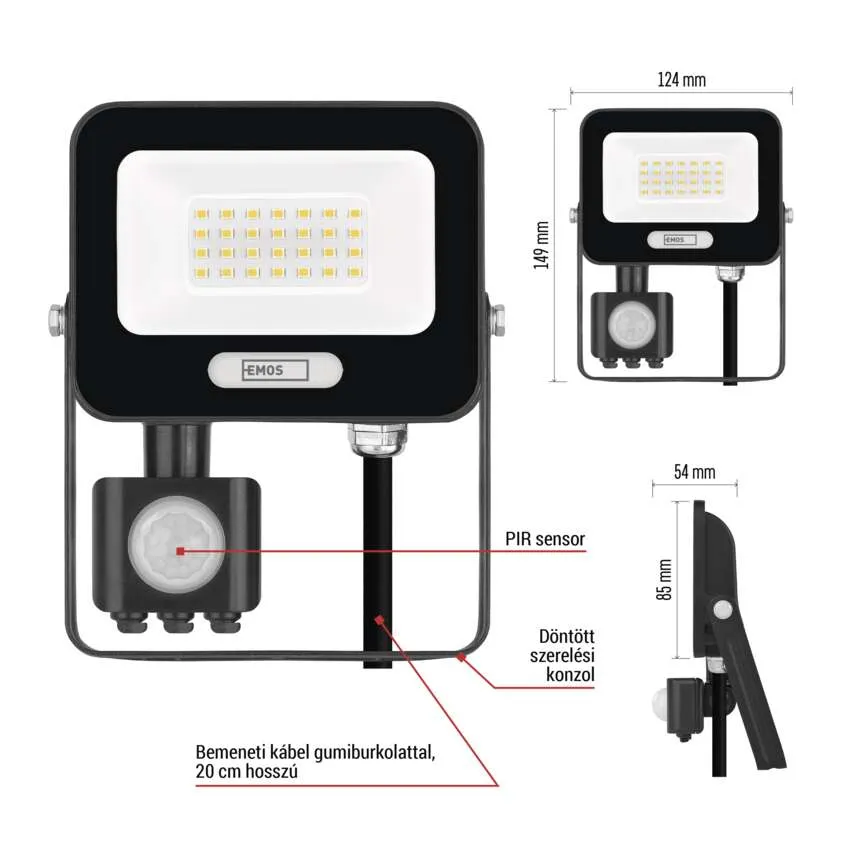 Fekete LED-es reflektor PIR-érzékelővel és méretekkel. 124x149mm.