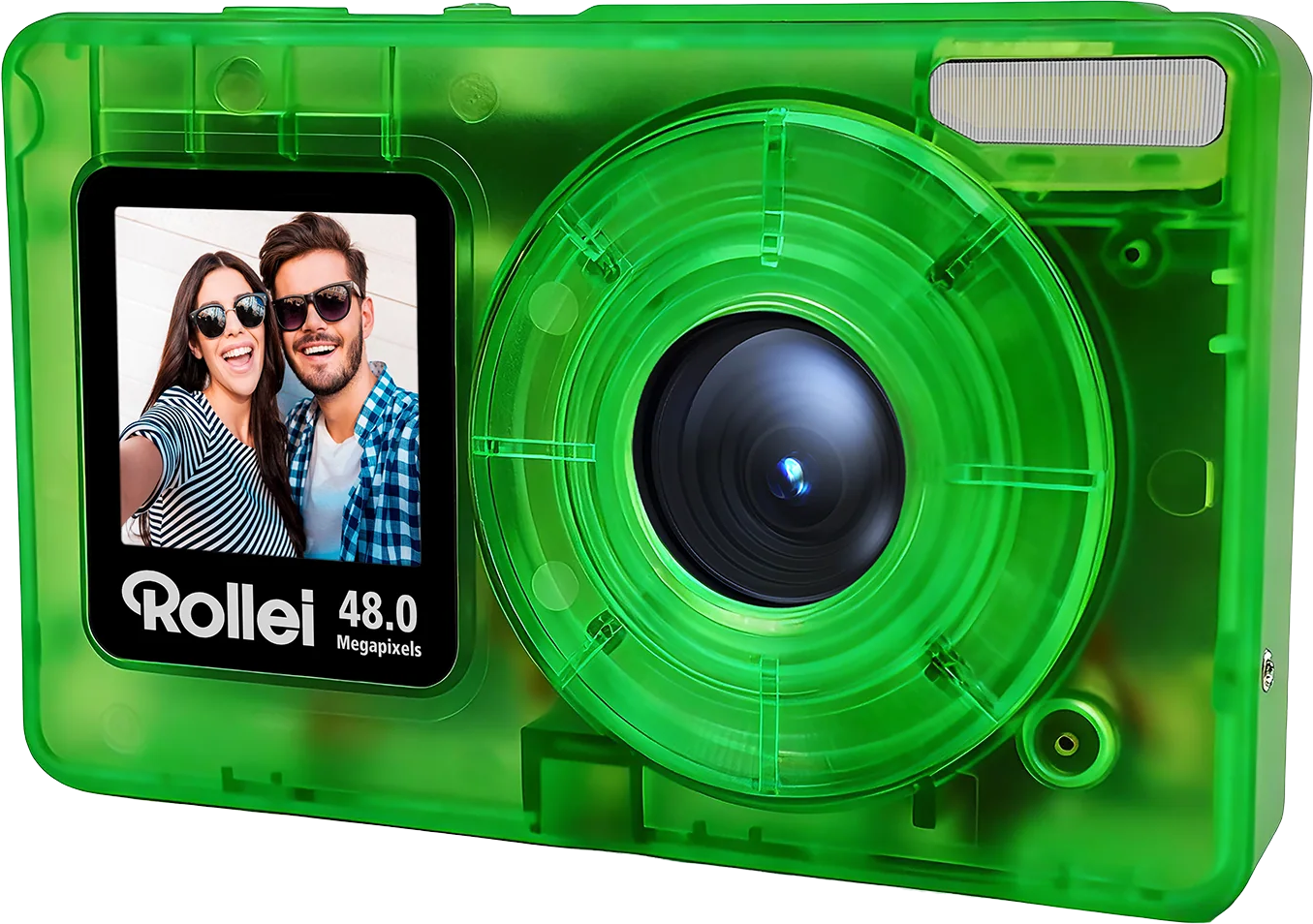 Grüne Digitalkamera mit Selfie-Display und großem Objektiv. Paar macht Selfie.