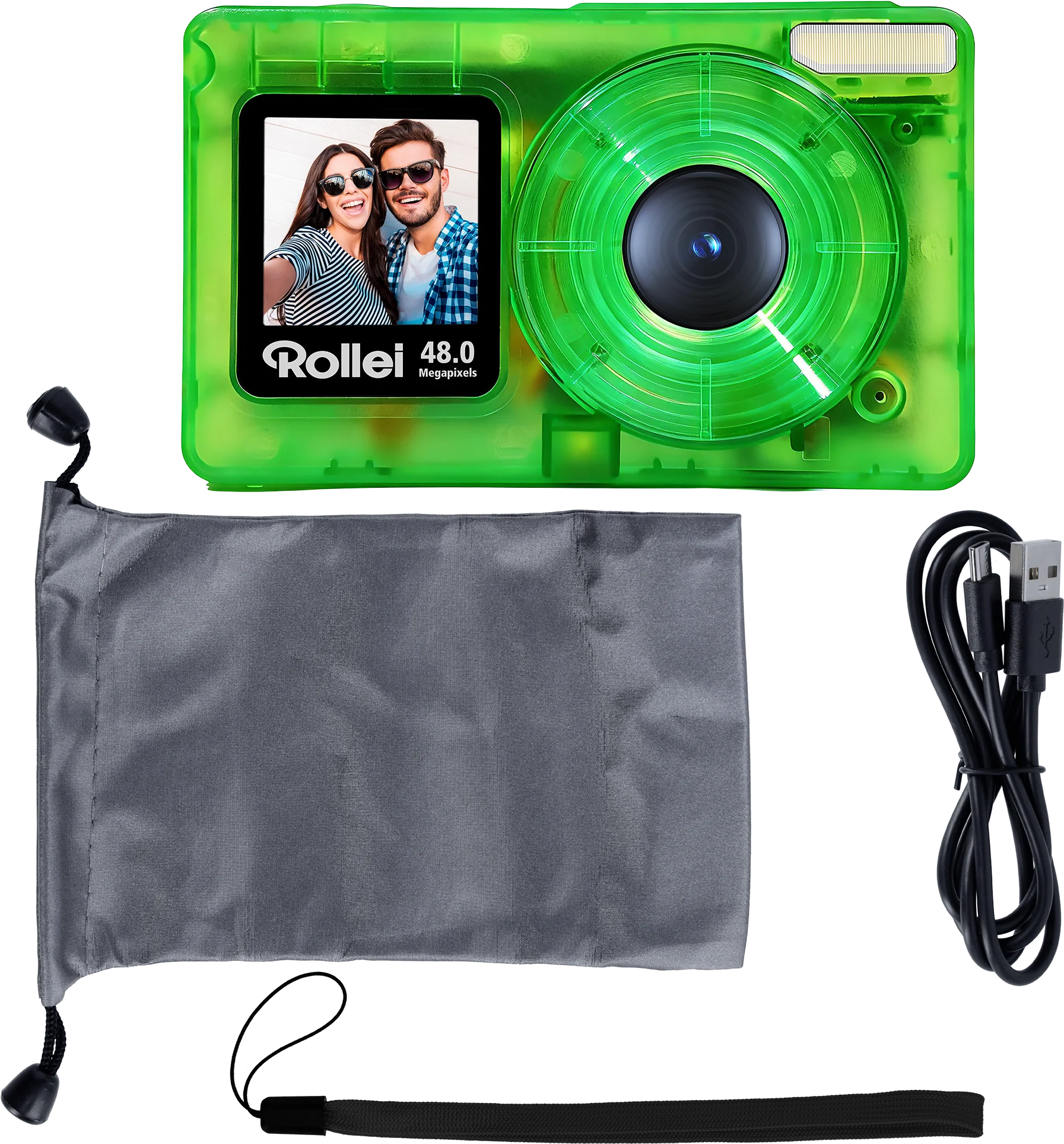Grüne Digitalkamera mit Selfie-Anzeige, Tasche und USB-Kabel.