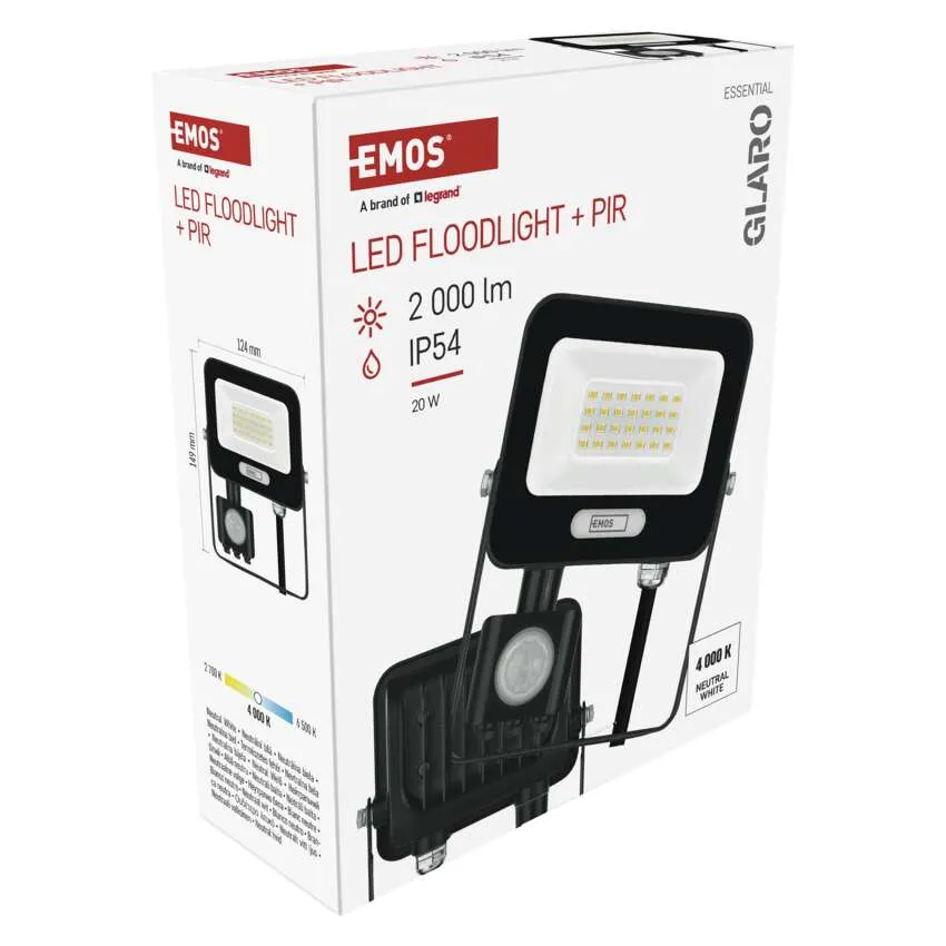 Fekete LED-es reflektor csomagolása PIR-érzékelővel, 20W, 2000lm, IP54.