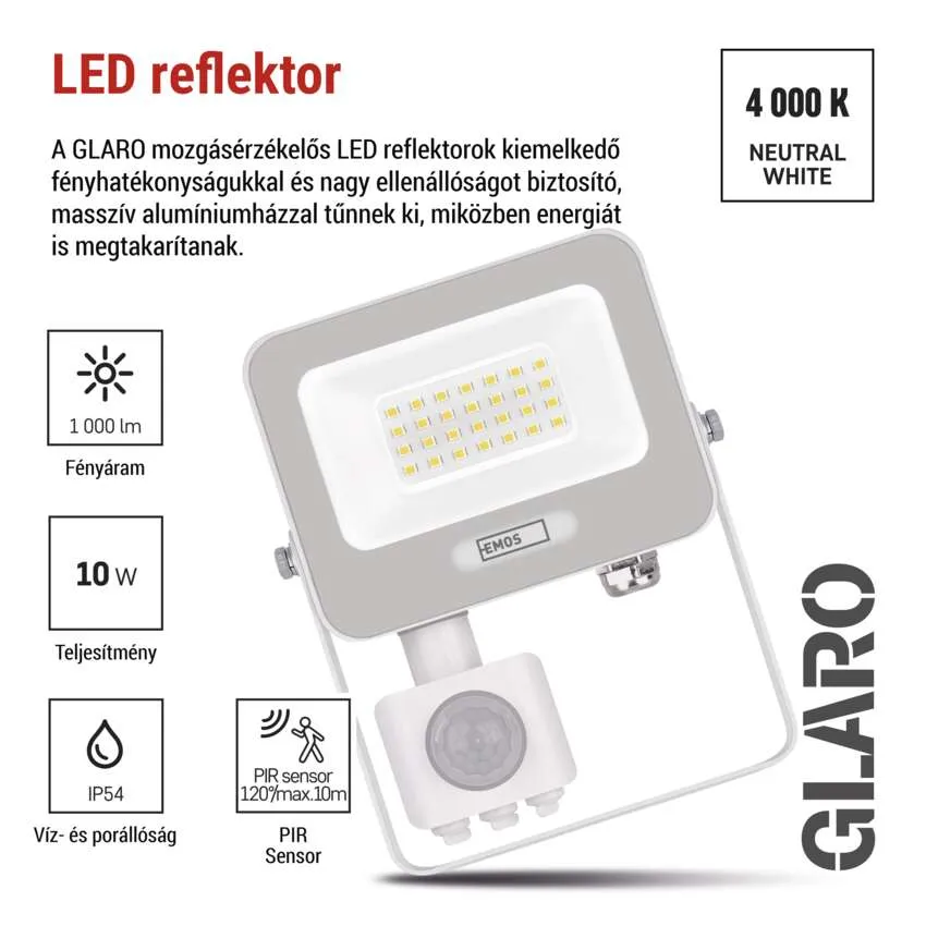 Szürke LED reflektor PIR szenzorral, 1000 lm, 10 W, IP54, 4000 K.