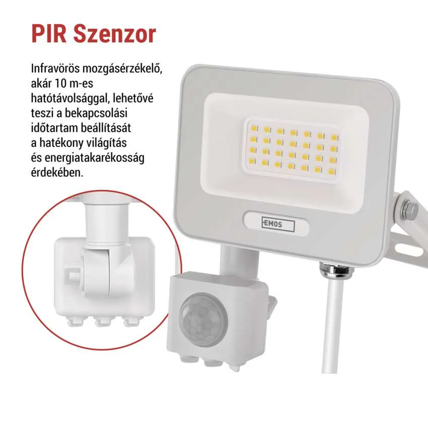 Fehér LED-es reflektor mozgásérzékelővel és magyar szöveggel.