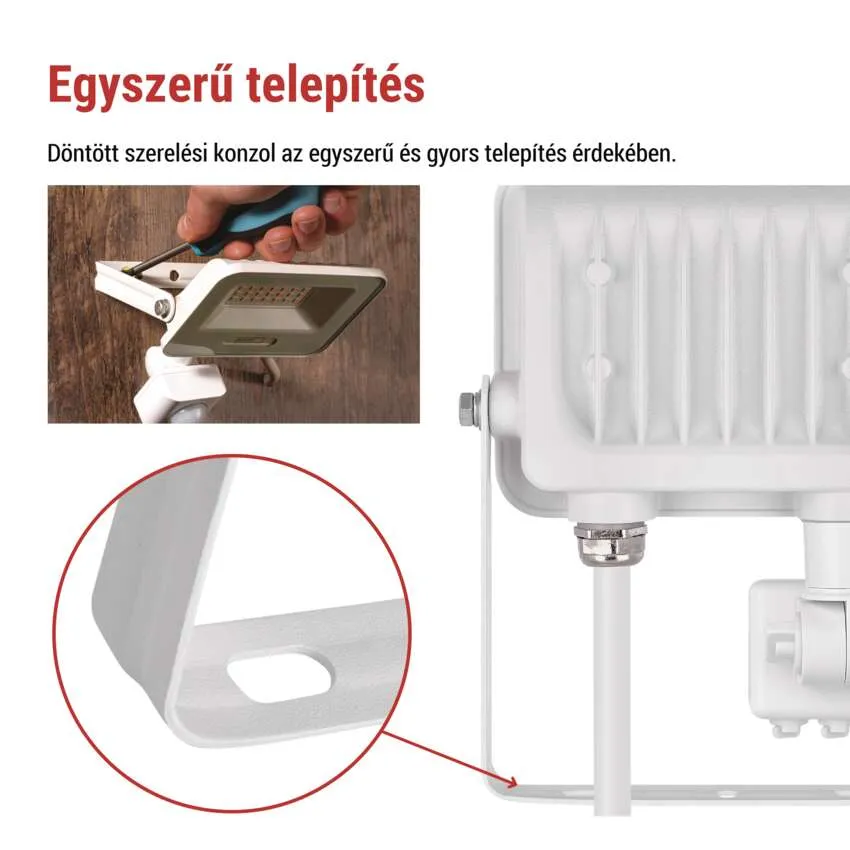 Egy reflektort szerelnek. Közelkép a tartóról.