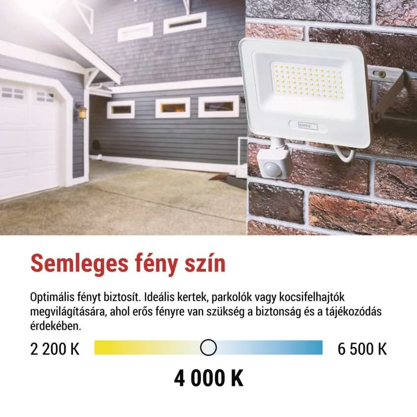 Fehér LED-es reflektor mozgásérzékelővel téglafalon, garázsos ház mellett.