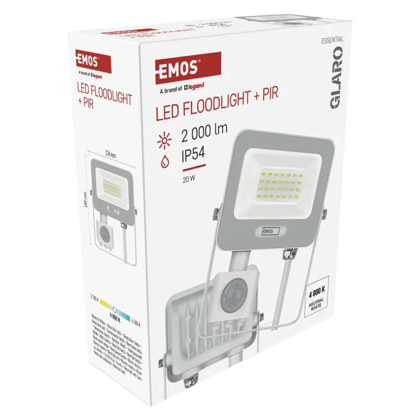 LED-es reflektor csomagolása PIR-érzékelővel, 20W, 2000lm, IP54.
