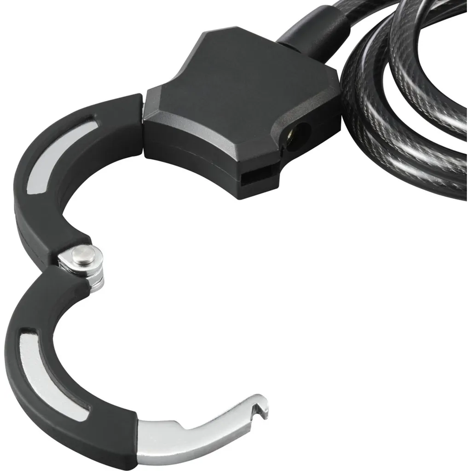 A black bicycle lock with an open shackle and a metal cable.