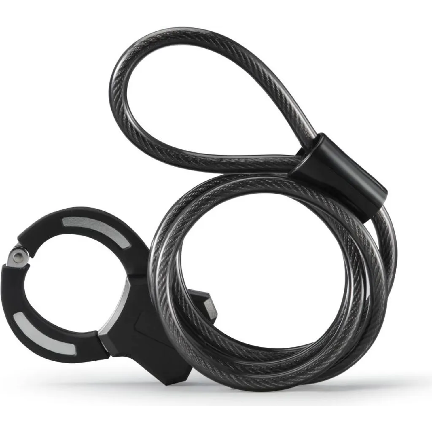 A black bicycle lock with a cable coiled into a loop.