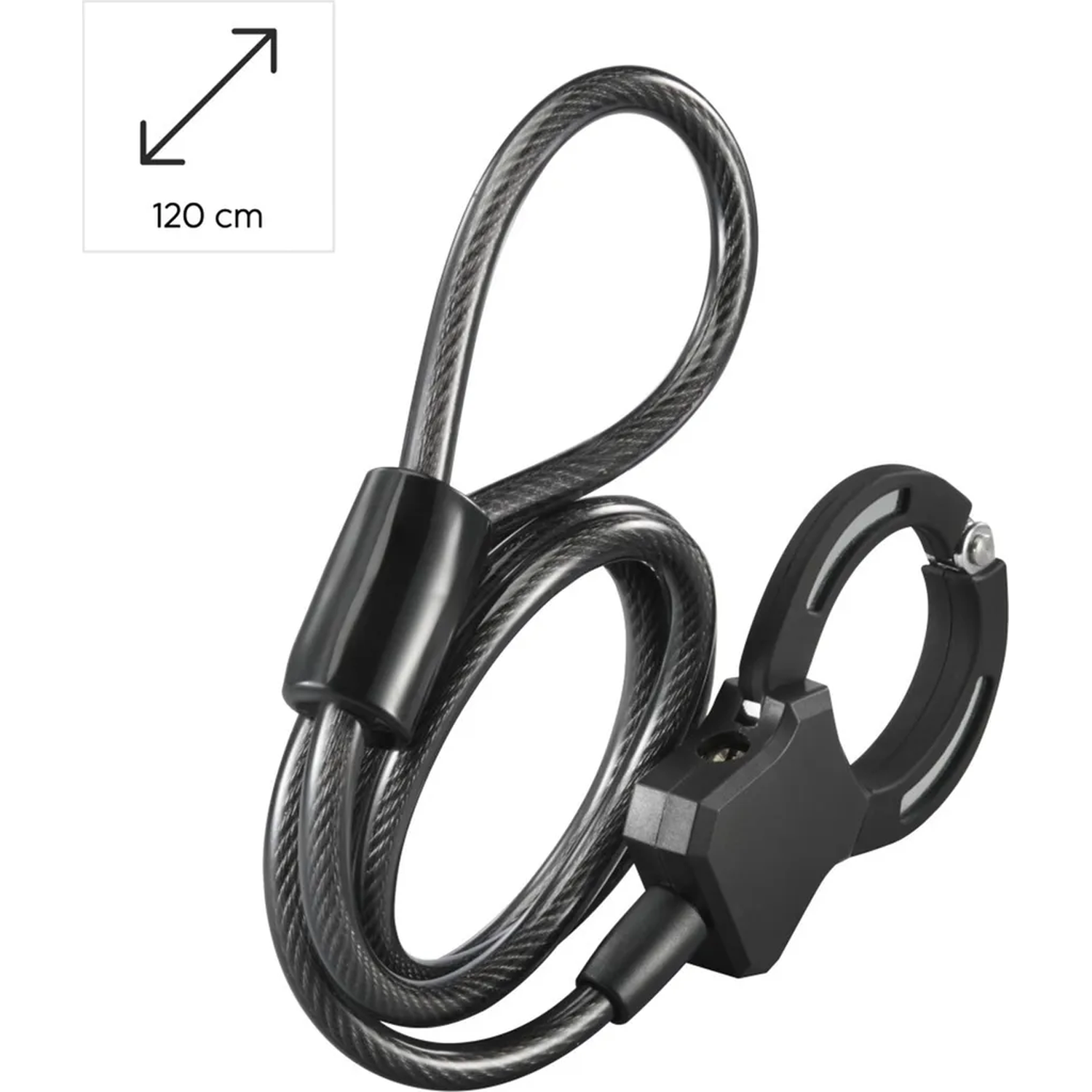 Black wire cable lock with size indicator 120 cm.