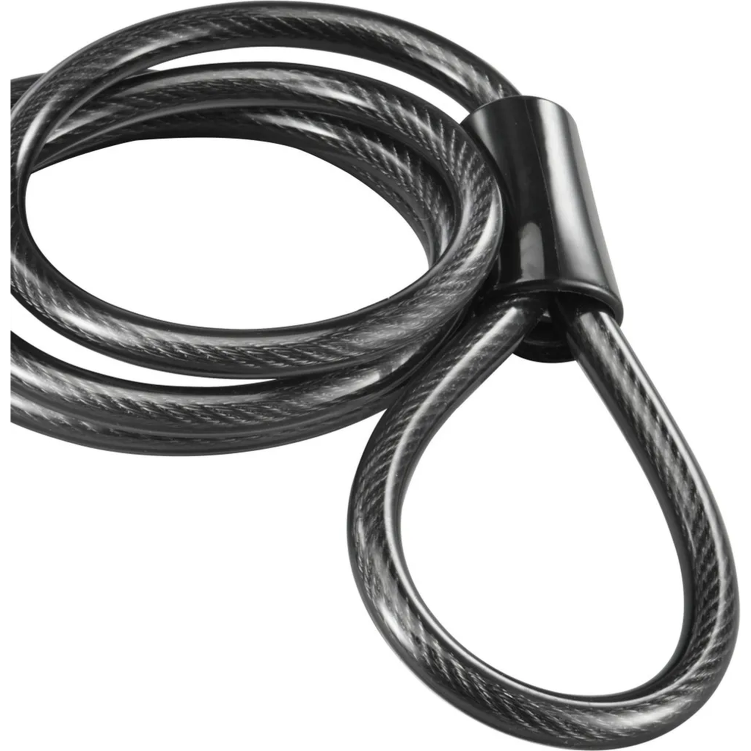 A black, coiled cable lock on a white background.