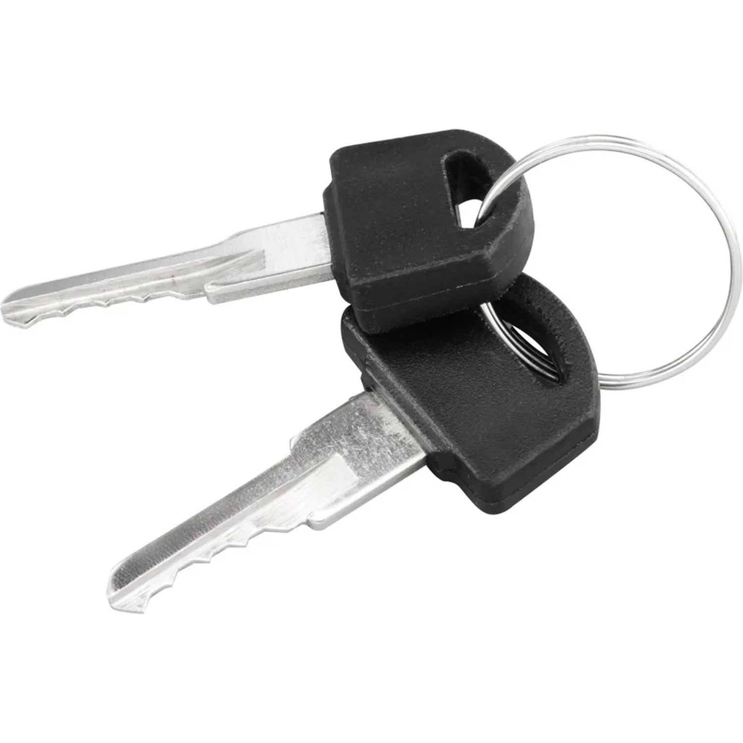 Two black keys with silver keyring on a white background.