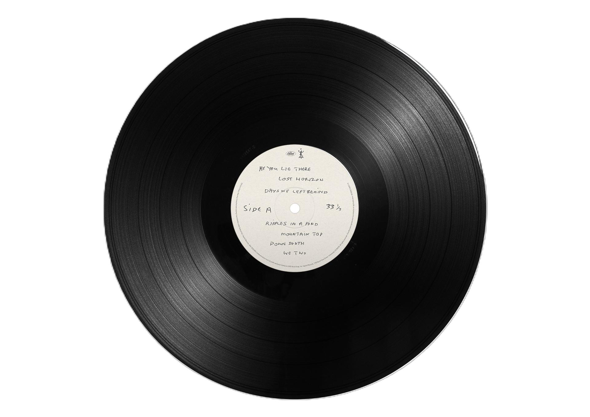 Schwarze Schallplatte mit weißem Etikett, das Songtitel auflistet. Seite A, 33 1/3 U/Min.