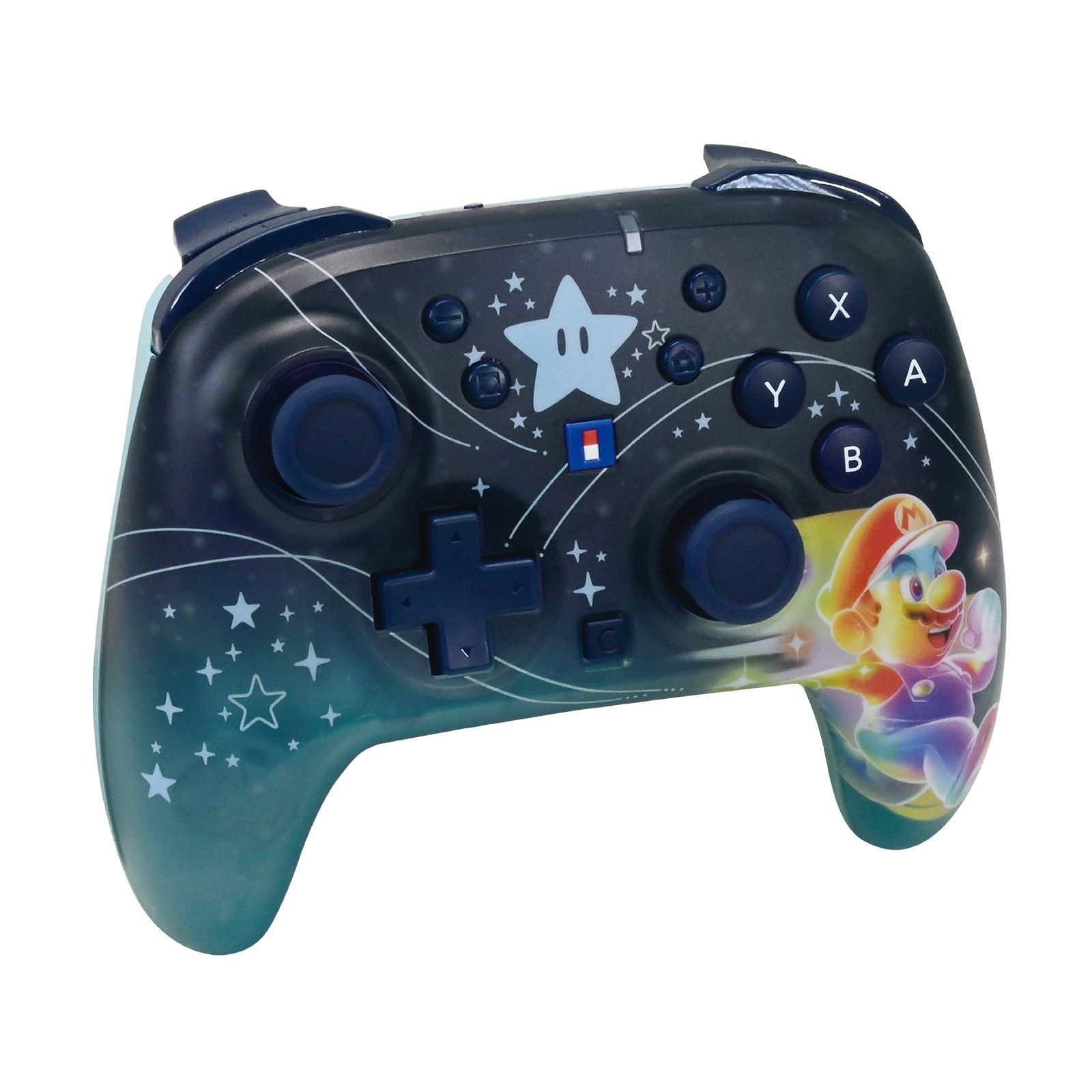 Ein dunkler Gamecontroller mit Mario-Motiv, Sternen und einem Farbverlauf.