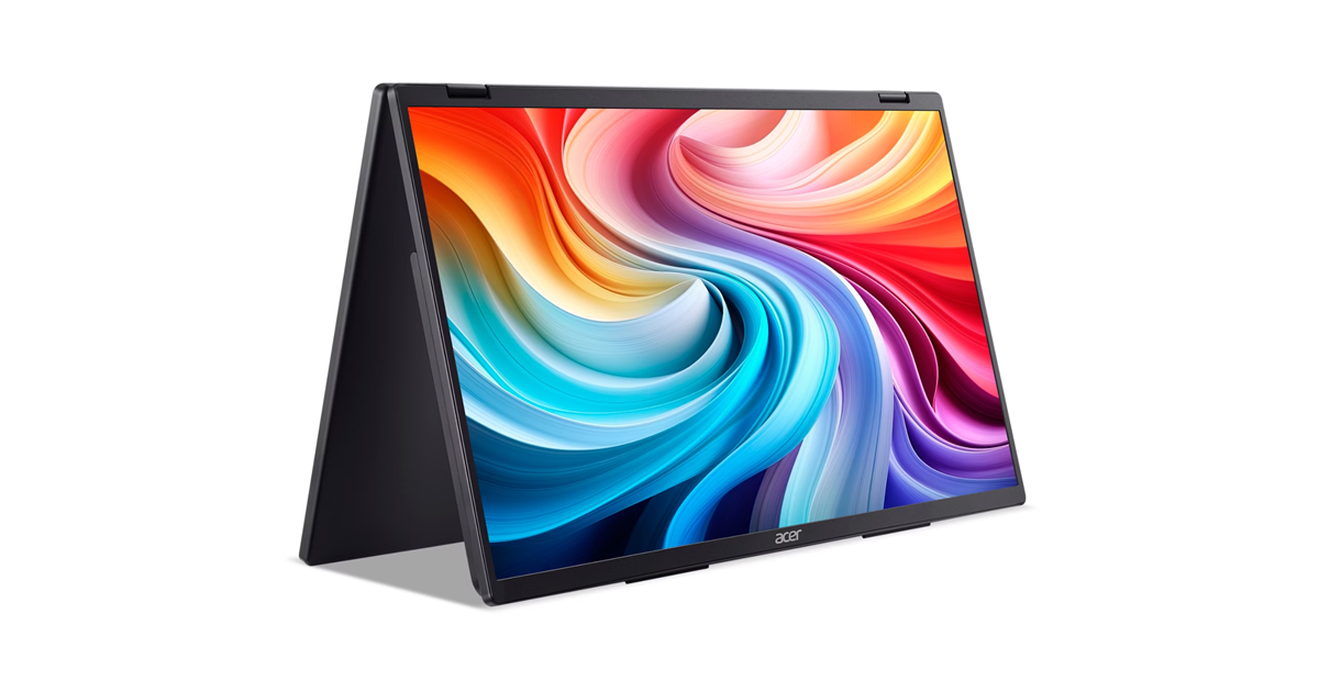 Egy sötét Acer laptop, amelynek képernyőjén színes, örvénylő háttér látható.