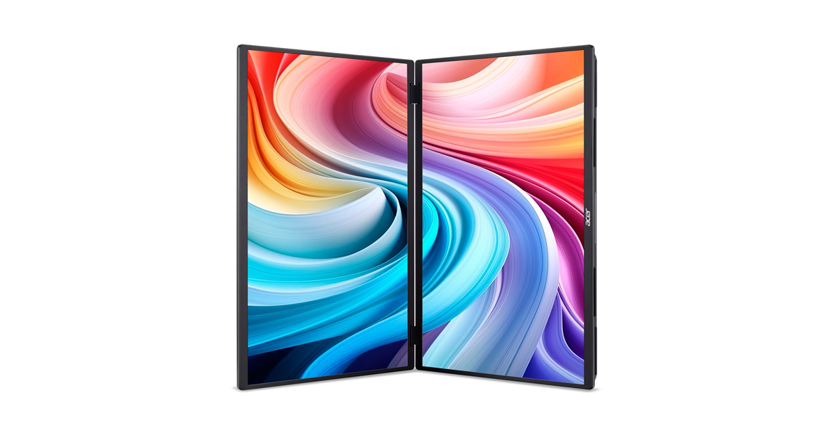 Egy kinyitott laptop két képernyővel, színes színátmenetes mintával.