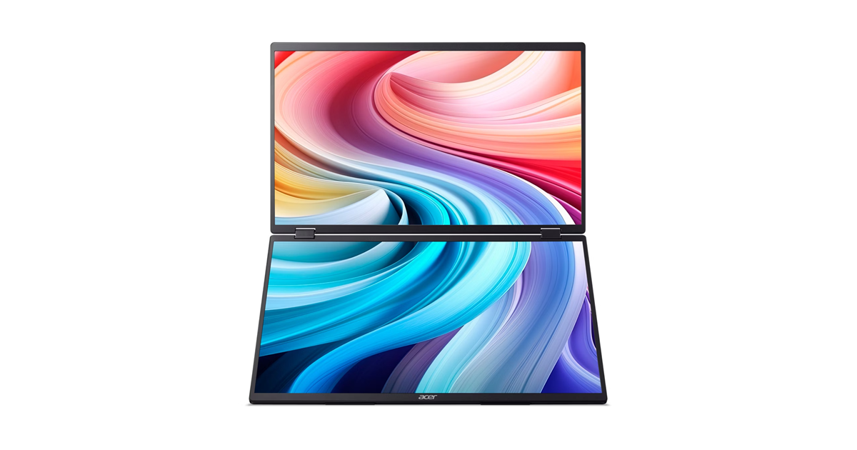Két Acer laptop egymás mellett, mindegyiken színes, áramló háttérkép.