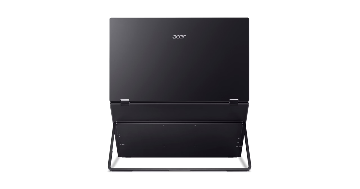 Fekete Acer laptop felállított állvánnyal, hátulról nézve.