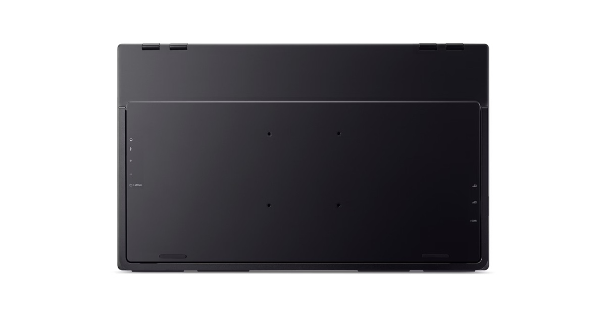 Egy fekete laptop hátoldala, oldalt csatlakozókkal és gombokkal.