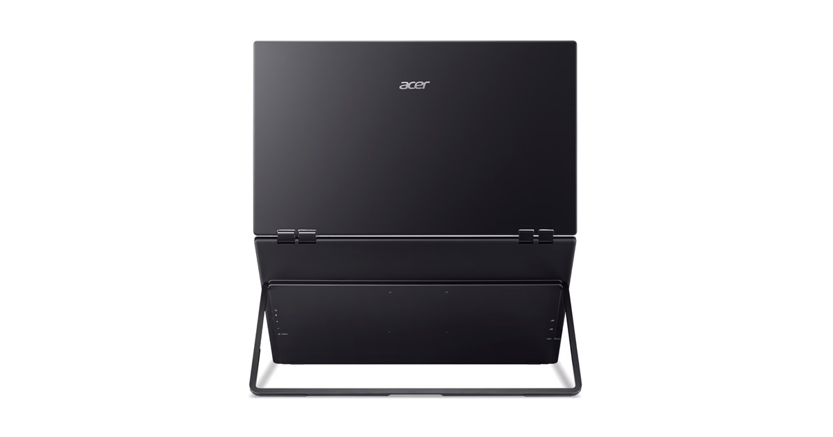 Egy fekete Acer laptop, kihajtott képernyővel és beépített állvánnyal.