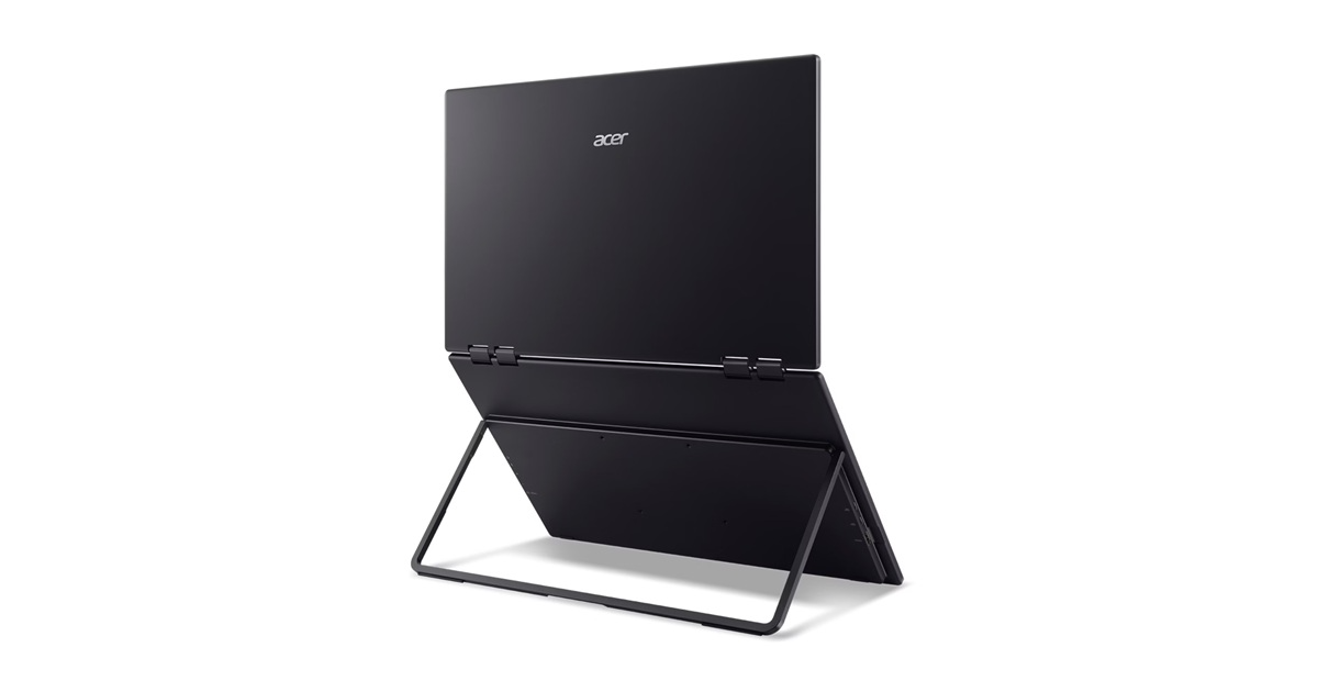 Egy fekete Acer laptop állványon nyitva, hátulról látható.