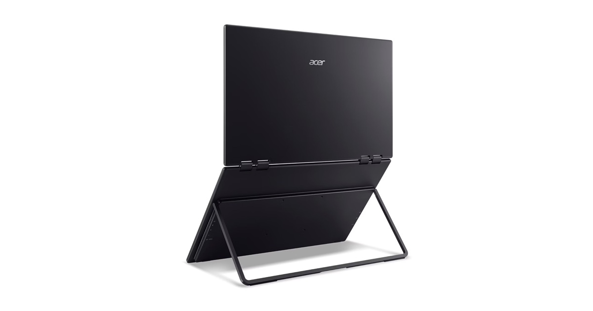 Egy fekete Acer laptop áll egy állványon, hátrafelé döntve.
