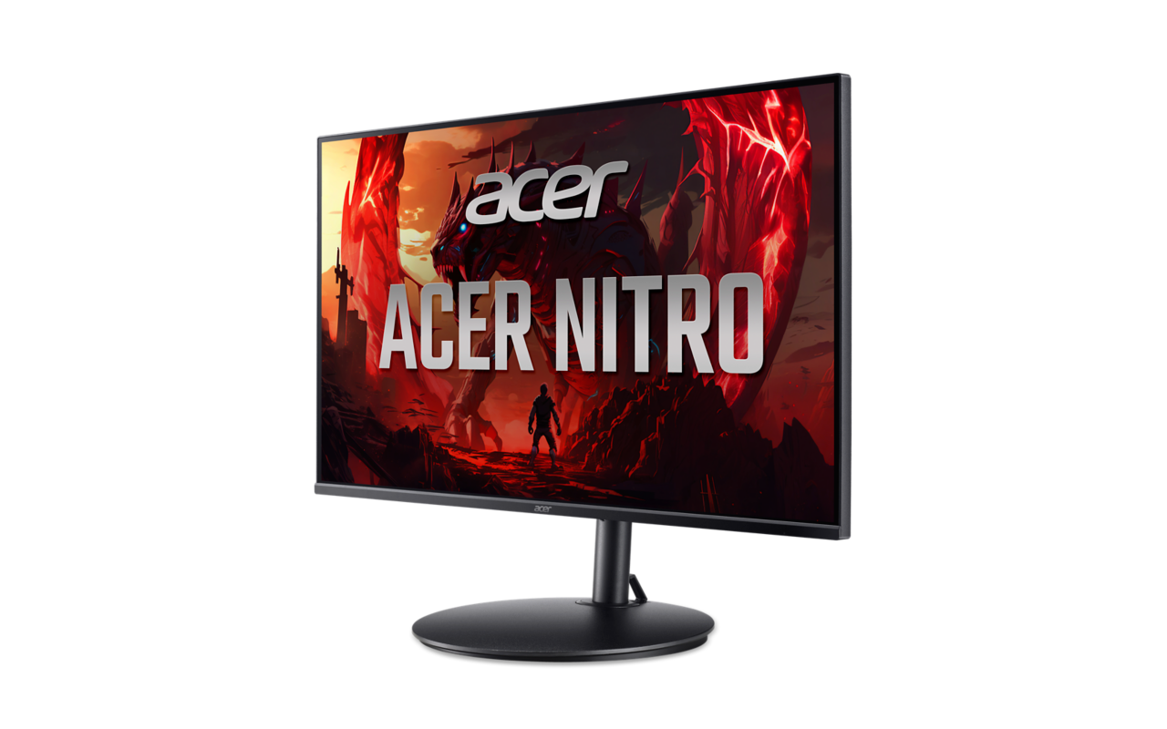 Egy Acer Nitro monitor sárkány grafikával és egy emberrel az előtérben.