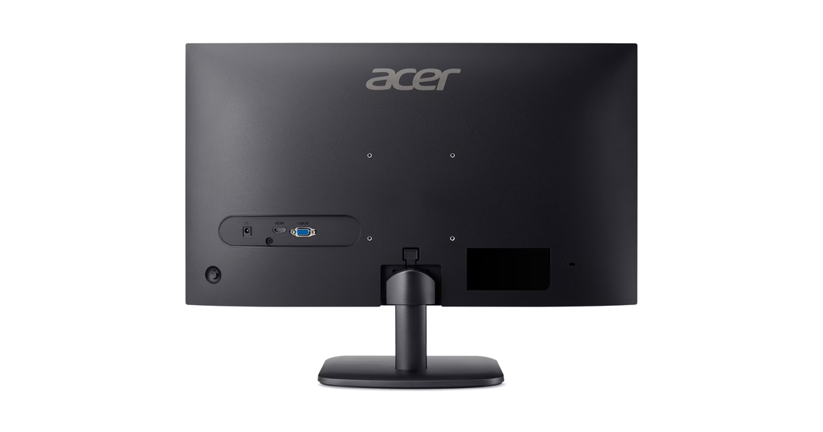 Fekete Acer monitor hátulnézete csatlakozókkal és állvánnyal.