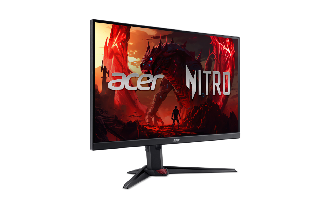 Egy Acer Nitro gamer monitor sárkányt és férfit ábrázoló képet jelenít meg.