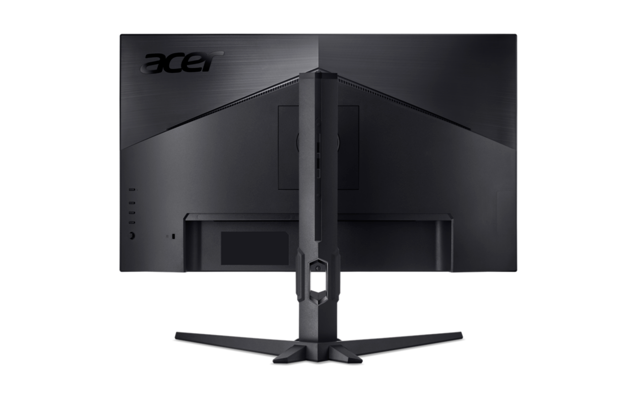 Egy fekete Acer monitor hátoldala ezüst logóval és ezüst állvánnyal.
