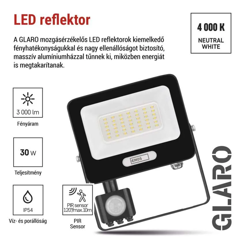 Fekete LED reflektor PIR-érzékelővel, 3000 lm, 30 W, IP54, 4000 K.