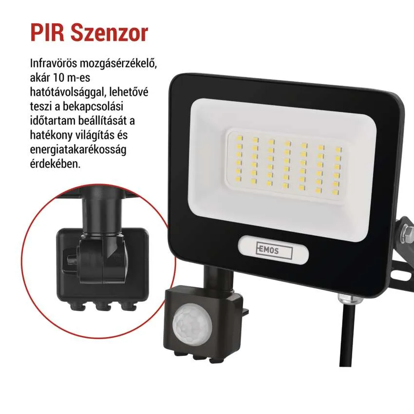 Fekete LED-es reflektor mozgásérzékelővel, EMOS logóval.